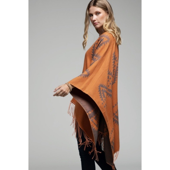 SOLD OUT Rustic Pottery Rust Western Aztec Tribal Native Reversible Ethnic Ruana - Picture 5 of 6